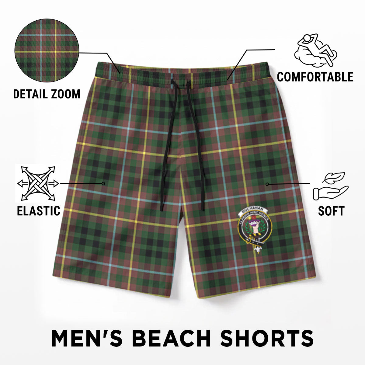 Buchanan Hunting Tartan Crest Men's Beach Shorts
