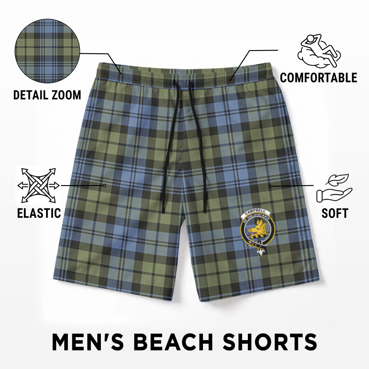 Campbell Faded Tartan Crest Men's Beach Shorts