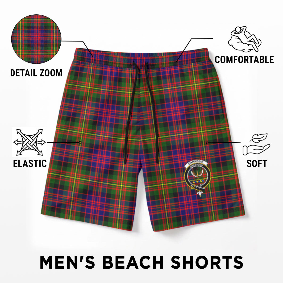 Carnegie Modern Tartan Crest Men's Beach Shorts