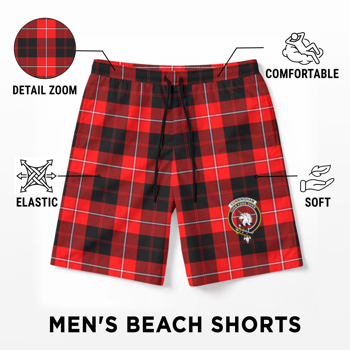 Cunningham Modern Tartan Crest Men's Beach Shorts