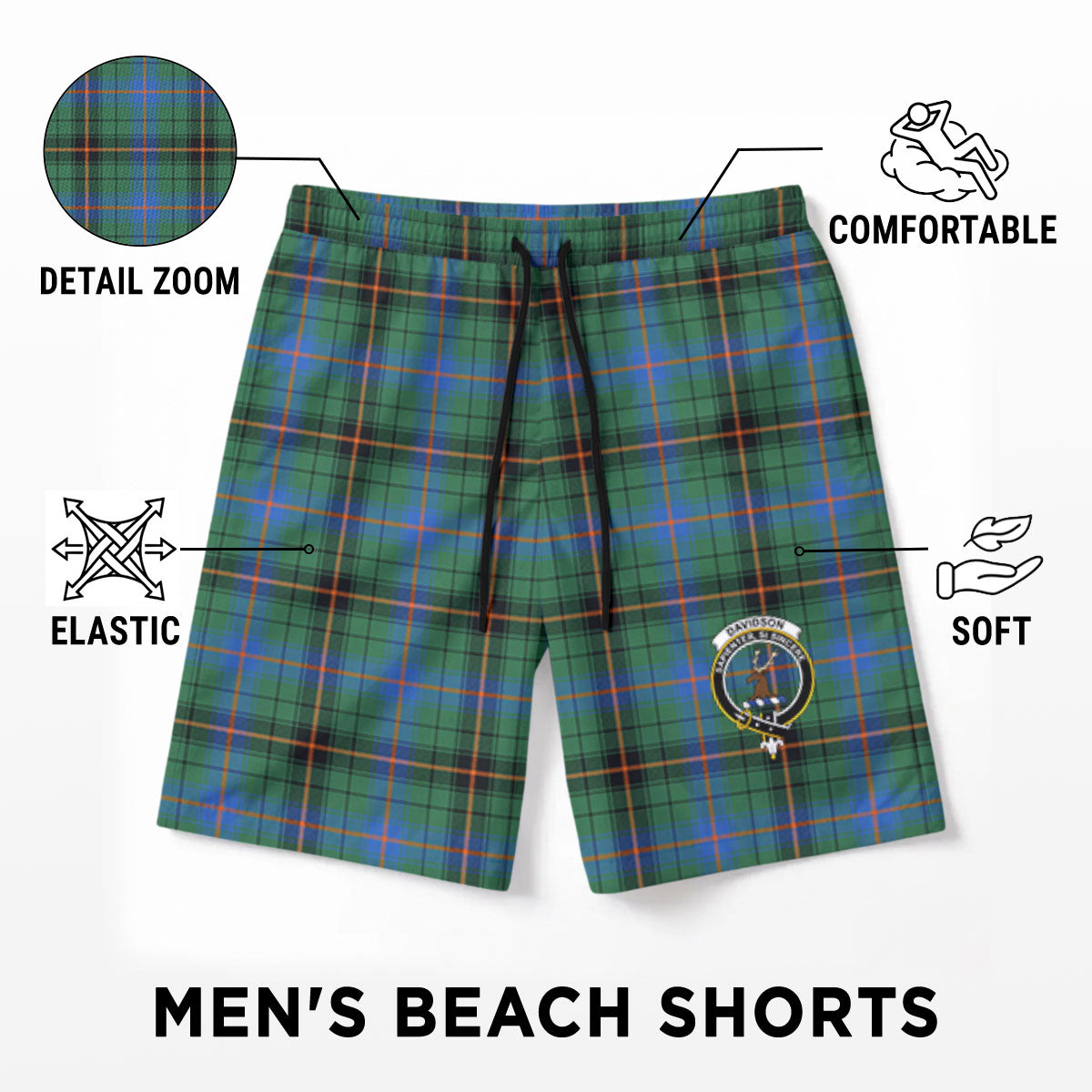 Davidson Ancient Tartan Crest Men's Beach Shorts