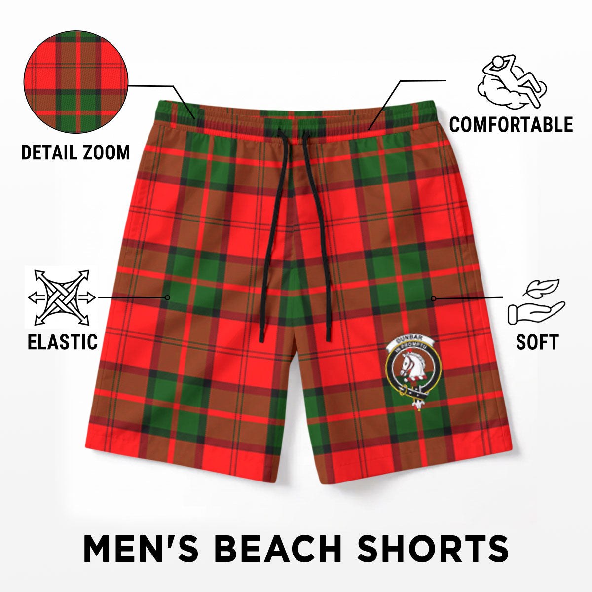 Dunbar Modern Tartan Crest Men's Beach Shorts