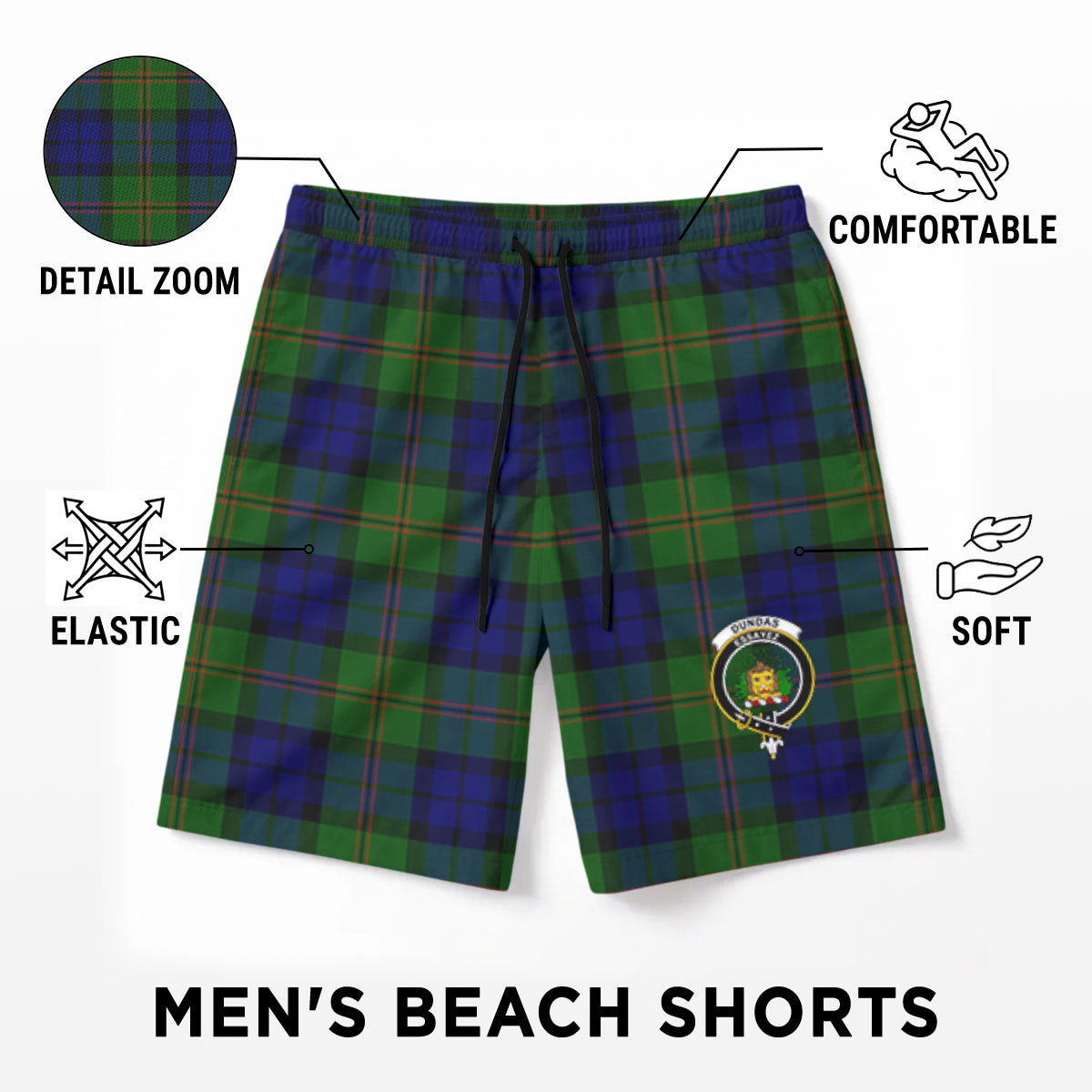 Dundas Modern Tartan Crest Men's Beach Shorts