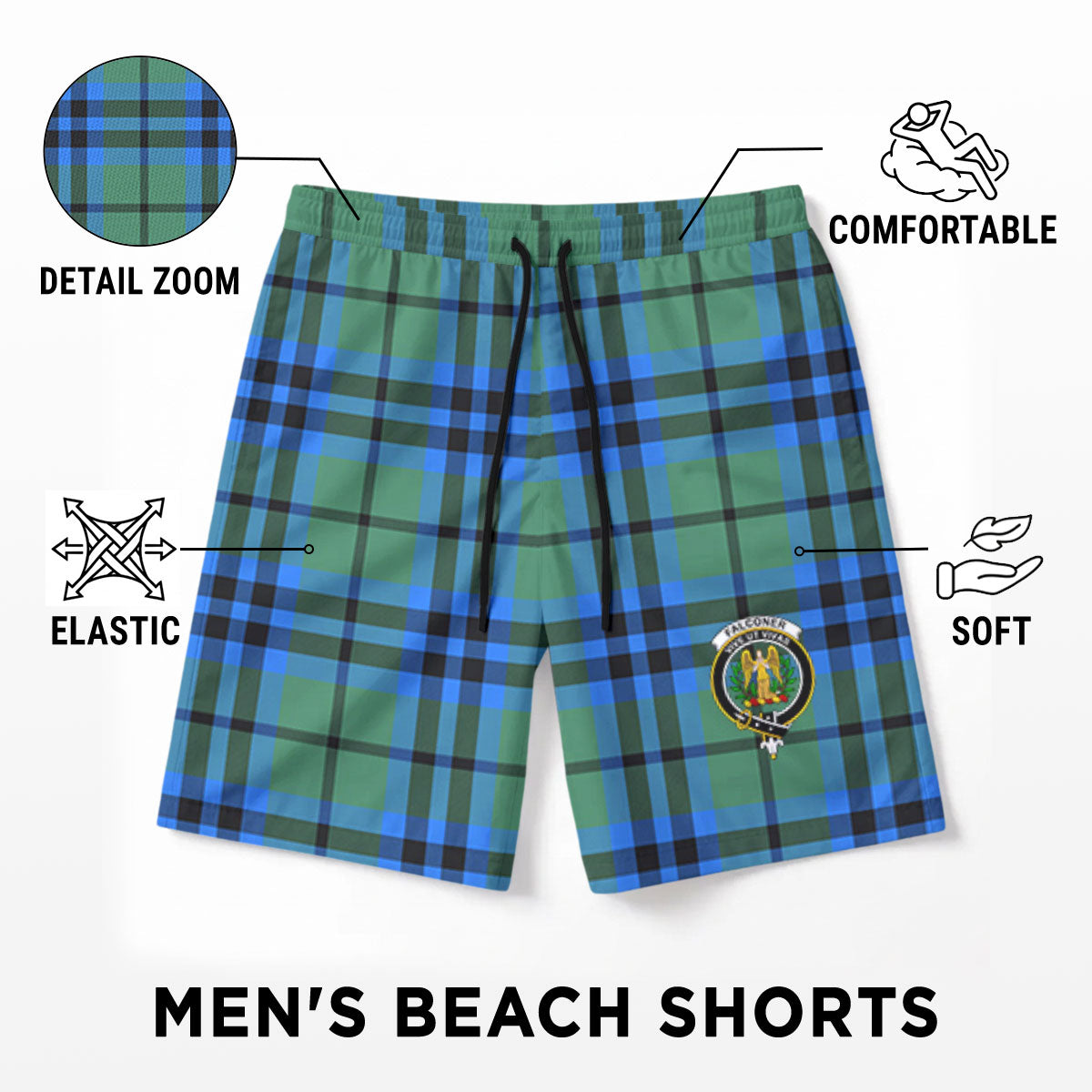 Falconer Tartan Crest Men's Beach Shorts