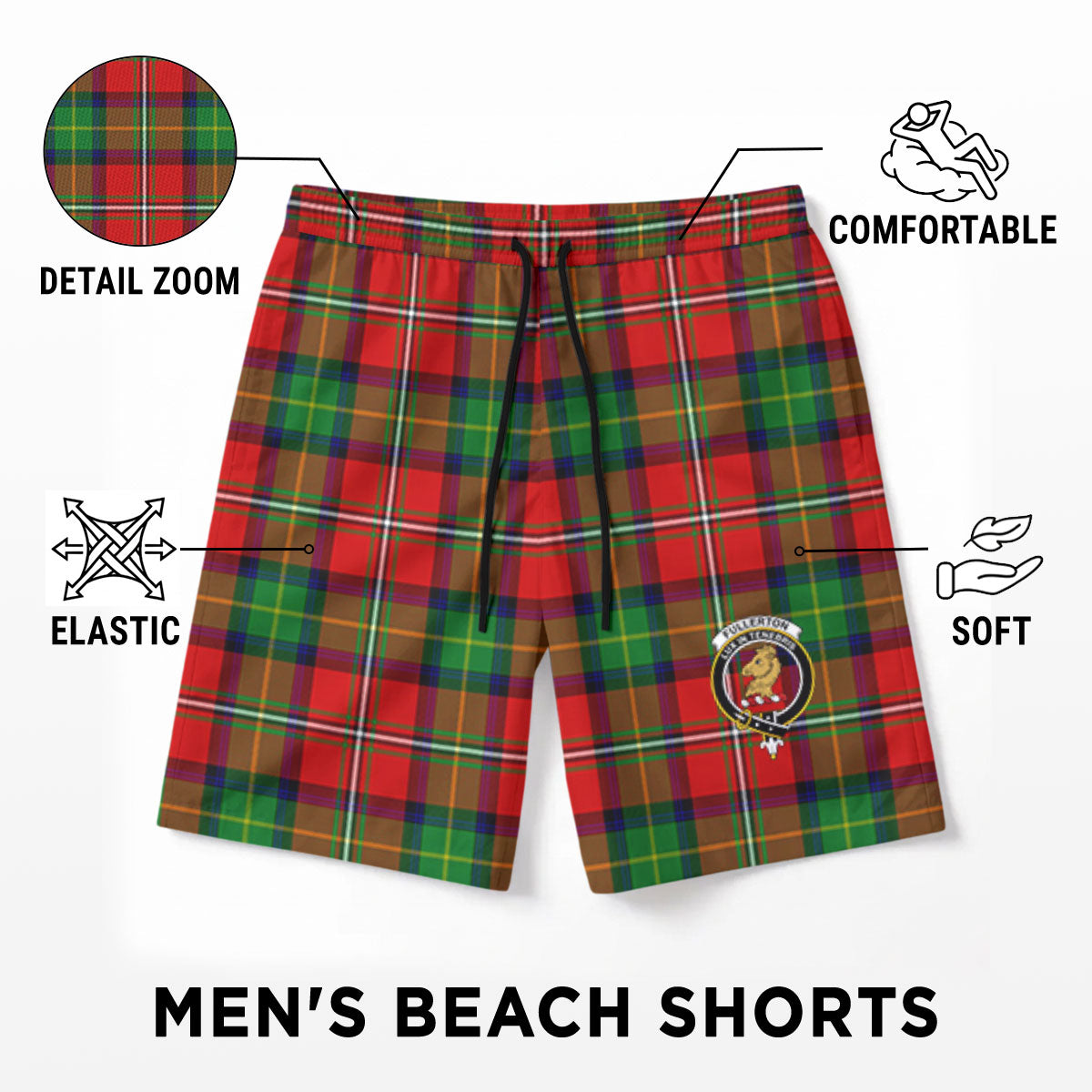 Fullerton Tartan Crest Men's Beach Shorts