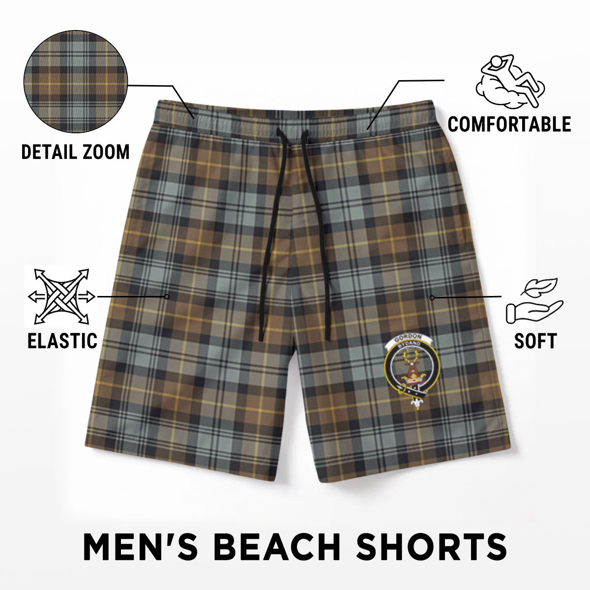 Gordon Weathered Tartan Crest Men's Beach Shorts