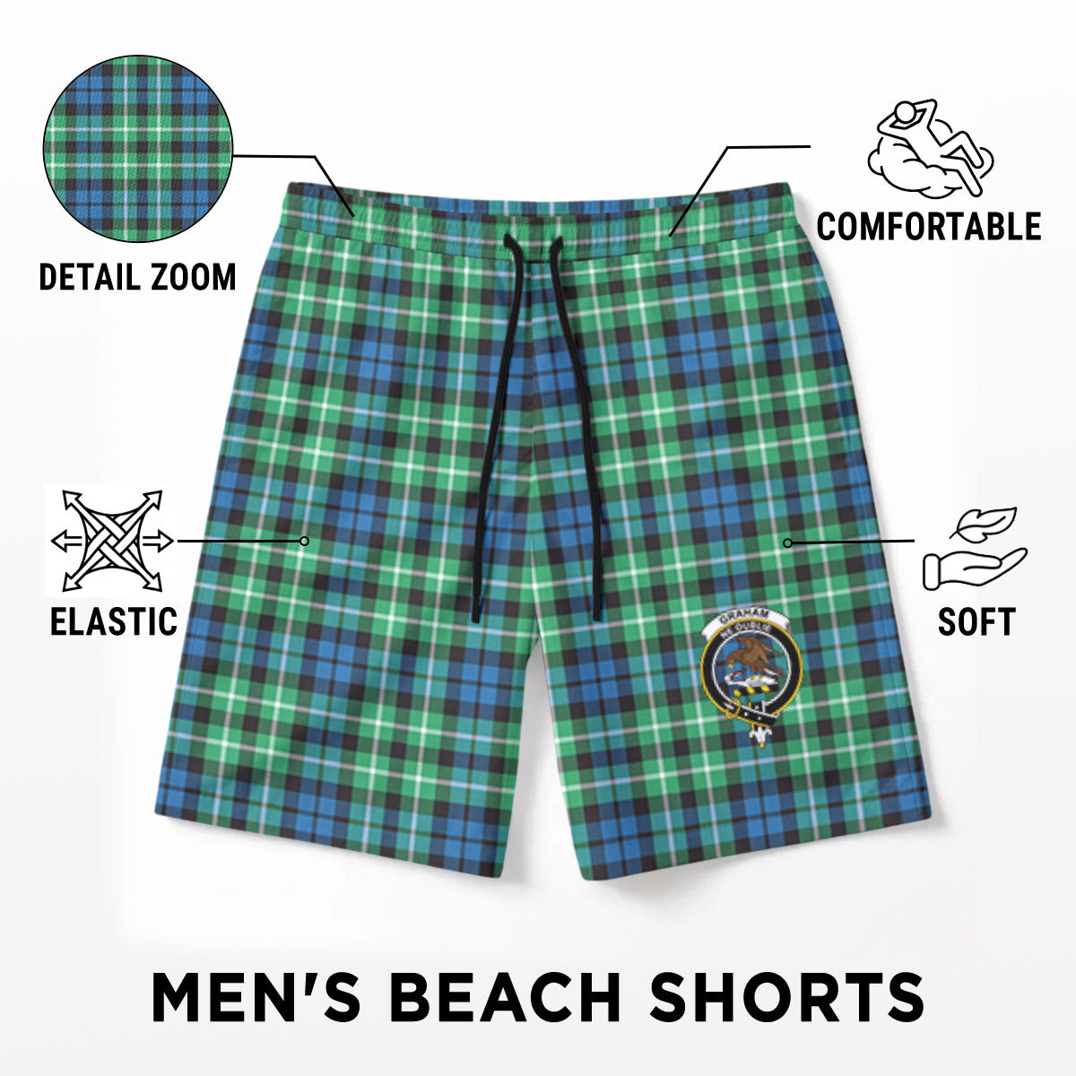 Graham of Montrose Ancient Tartan Crest Men's Beach Shorts