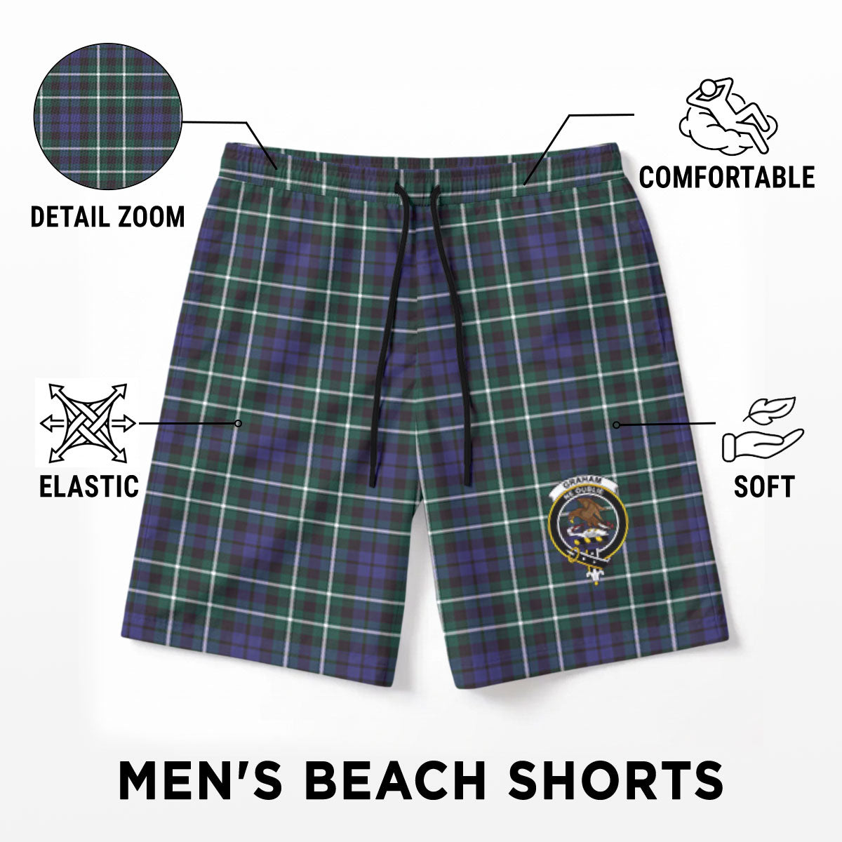 Graham of Montrose Modern Tartan Crest Men's Beach Shorts
