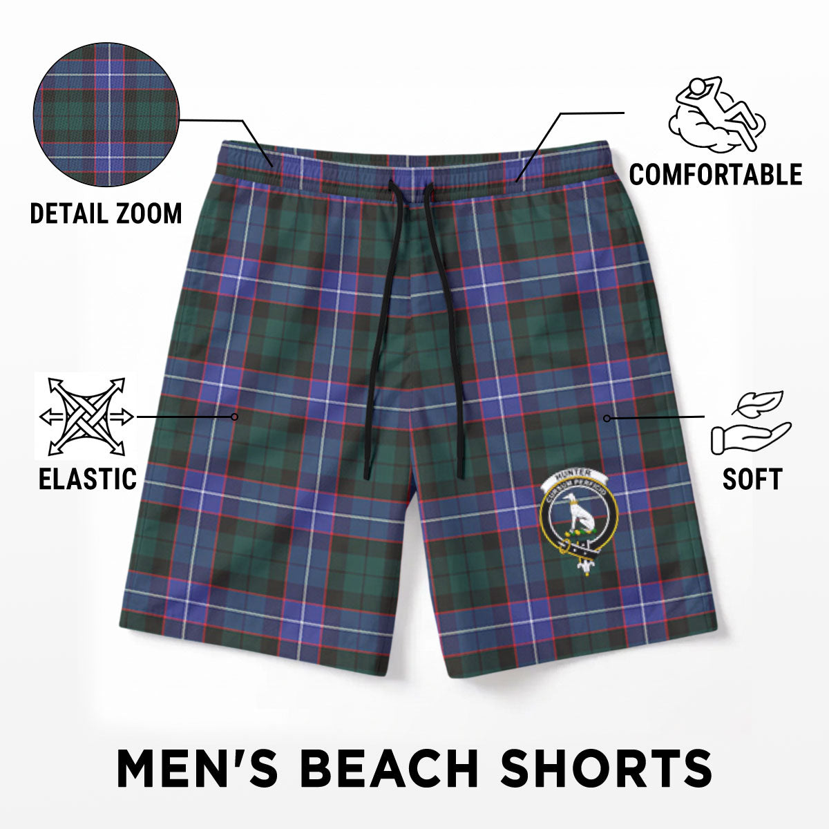 Hunter Modern Tartan Crest Men's Beach Shorts