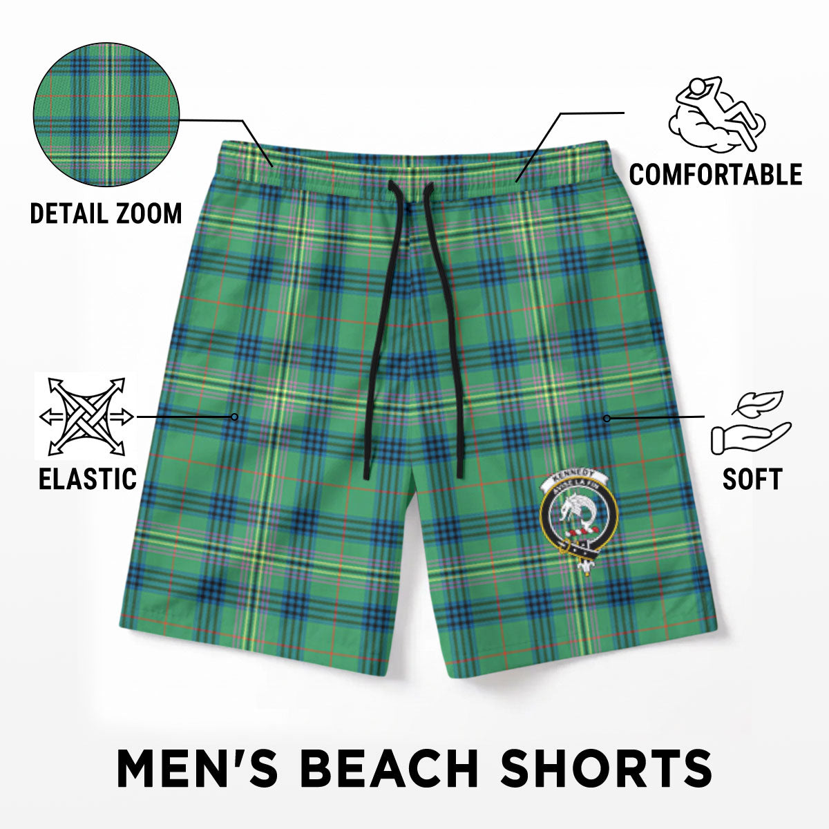 Kennedy Ancient Tartan Crest Men's Beach Shorts