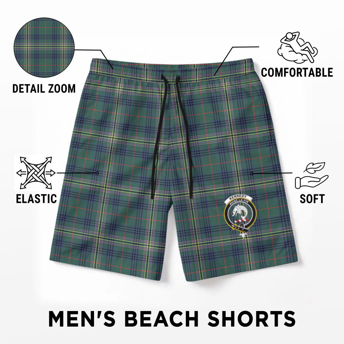 Kennedy Modern Tartan Crest Men's Beach Shorts