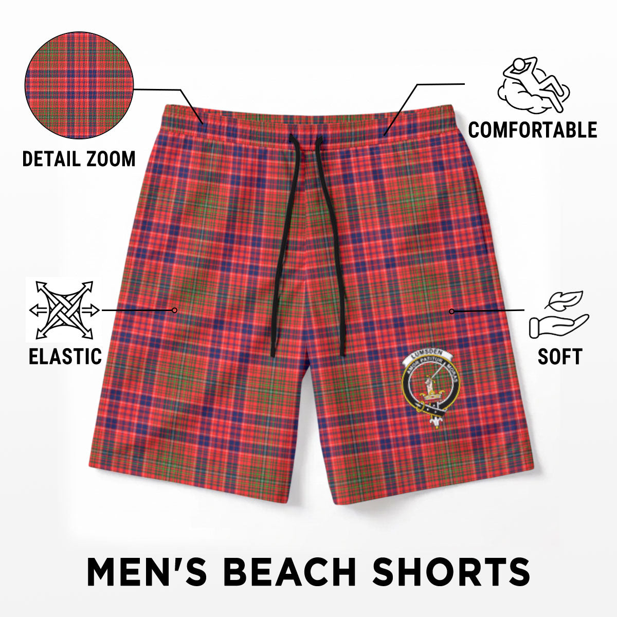 Lumsden Modern Tartan Crest Men's Beach Shorts