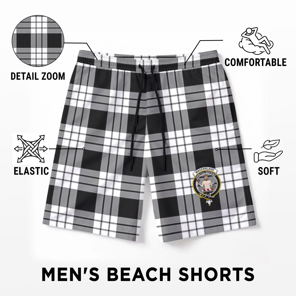 MacFarlane Black - White Tartan Crest Men's Beach Shorts