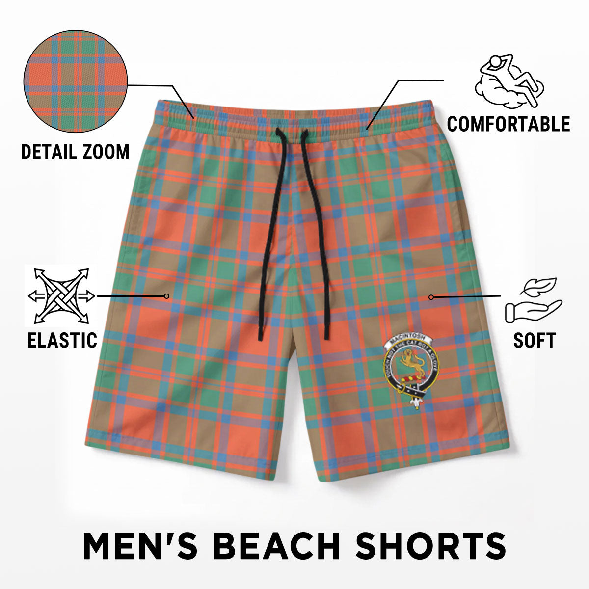 MacIntosh Ancient Tartan Crest Men's Beach Shorts