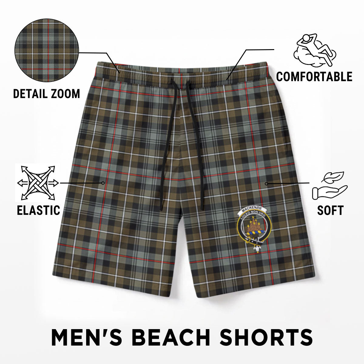 MacKenzie Weathered Tartan Crest Men's Beach Shorts
