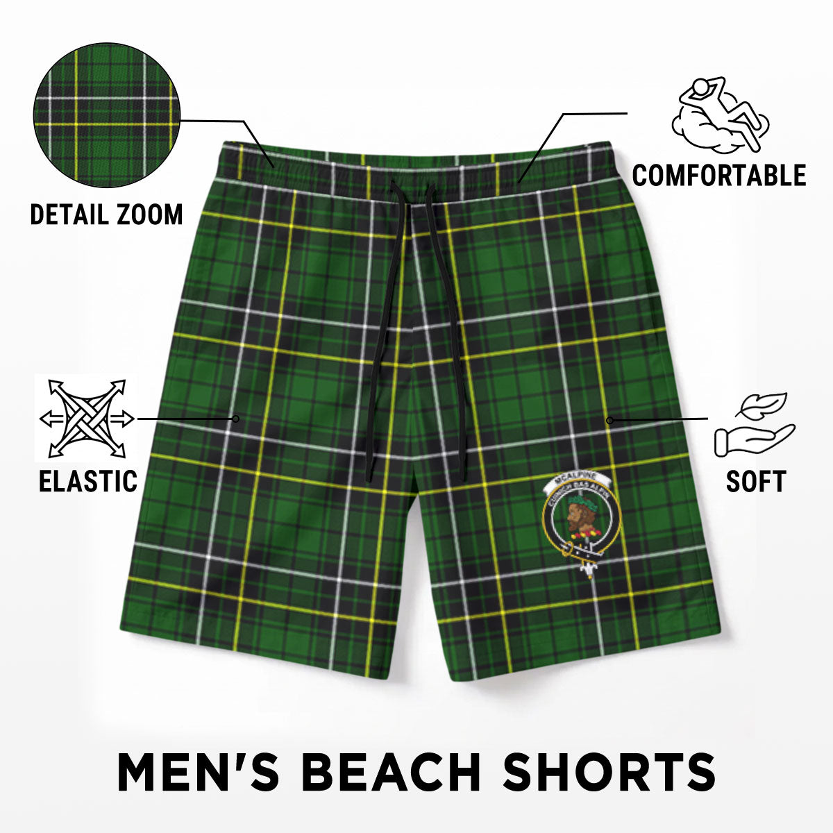 McAlpine Modern Tartan Crest Men's Beach Shorts