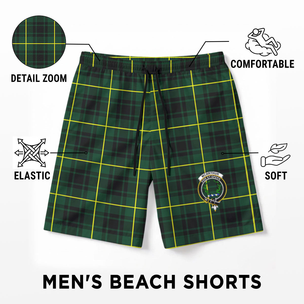 McArthur Modern Tartan Crest Men's Beach Shorts