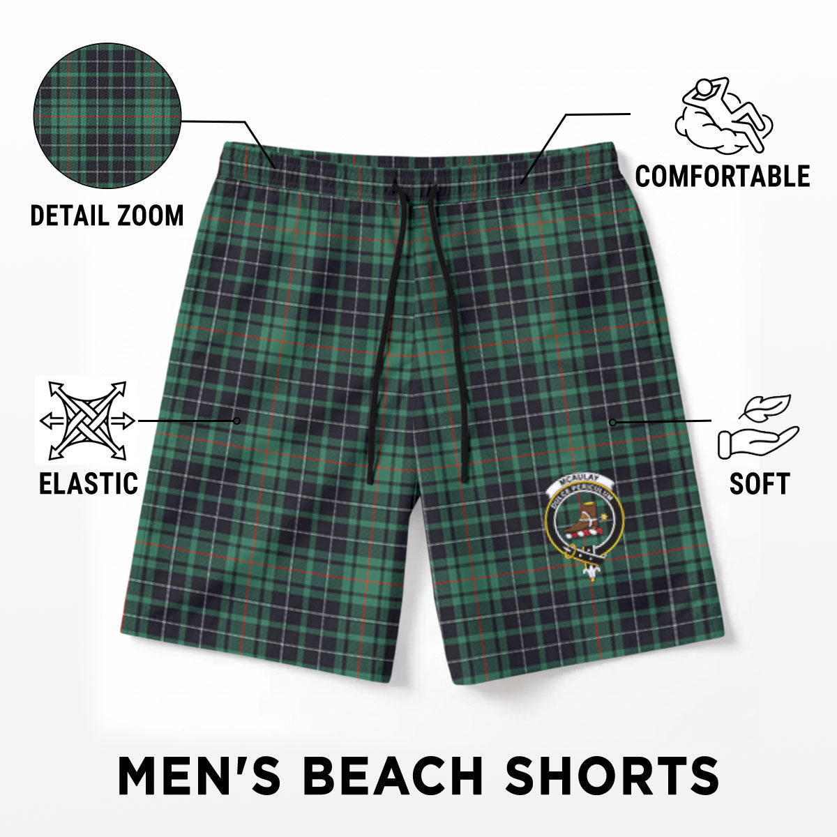 McAulay Hunting Ancient Tartan Crest Men's Beach Shorts