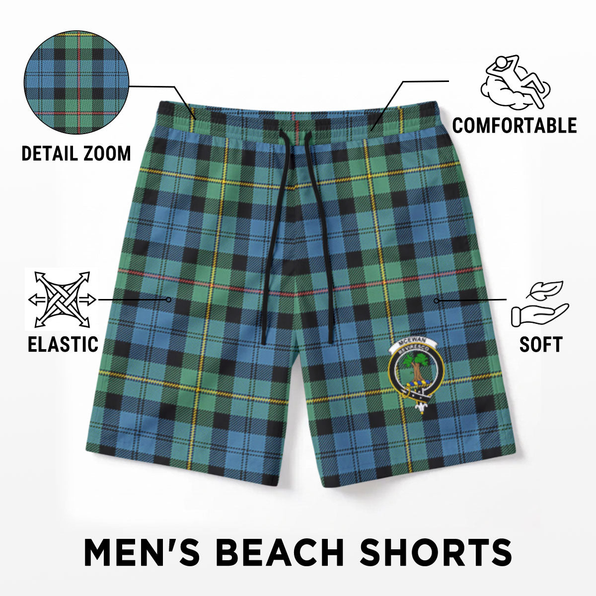 McEwan Ancient Tartan Crest Men's Beach Shorts