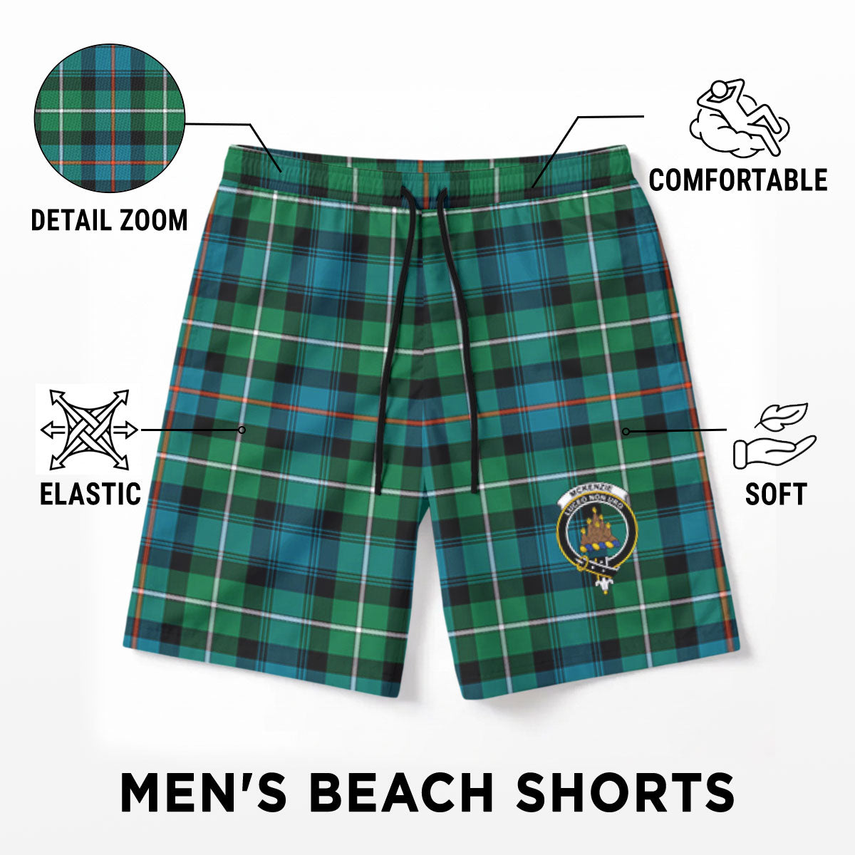 McKenzie Ancient Tartan Crest Men's Beach Shorts