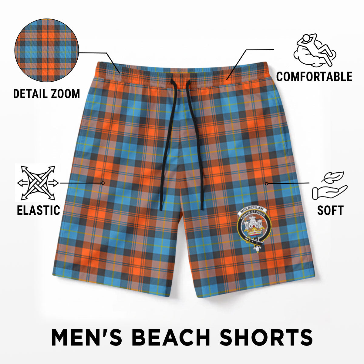McLachlan Ancient Tartan Crest Men's Beach Shorts