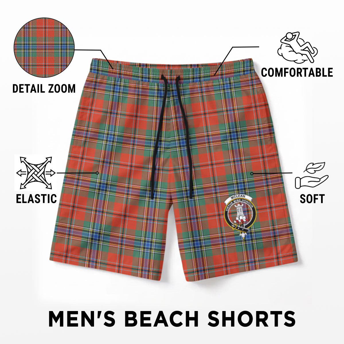 McLean of Duart Ancient Tartan Crest Men's Beach Shorts