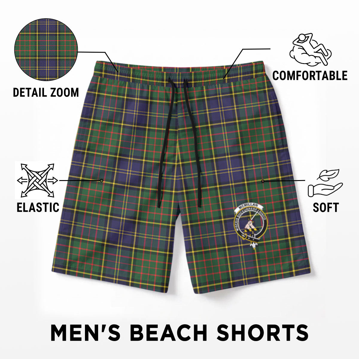 McMillan Hunting Modern Tartan Crest Men's Beach Shorts