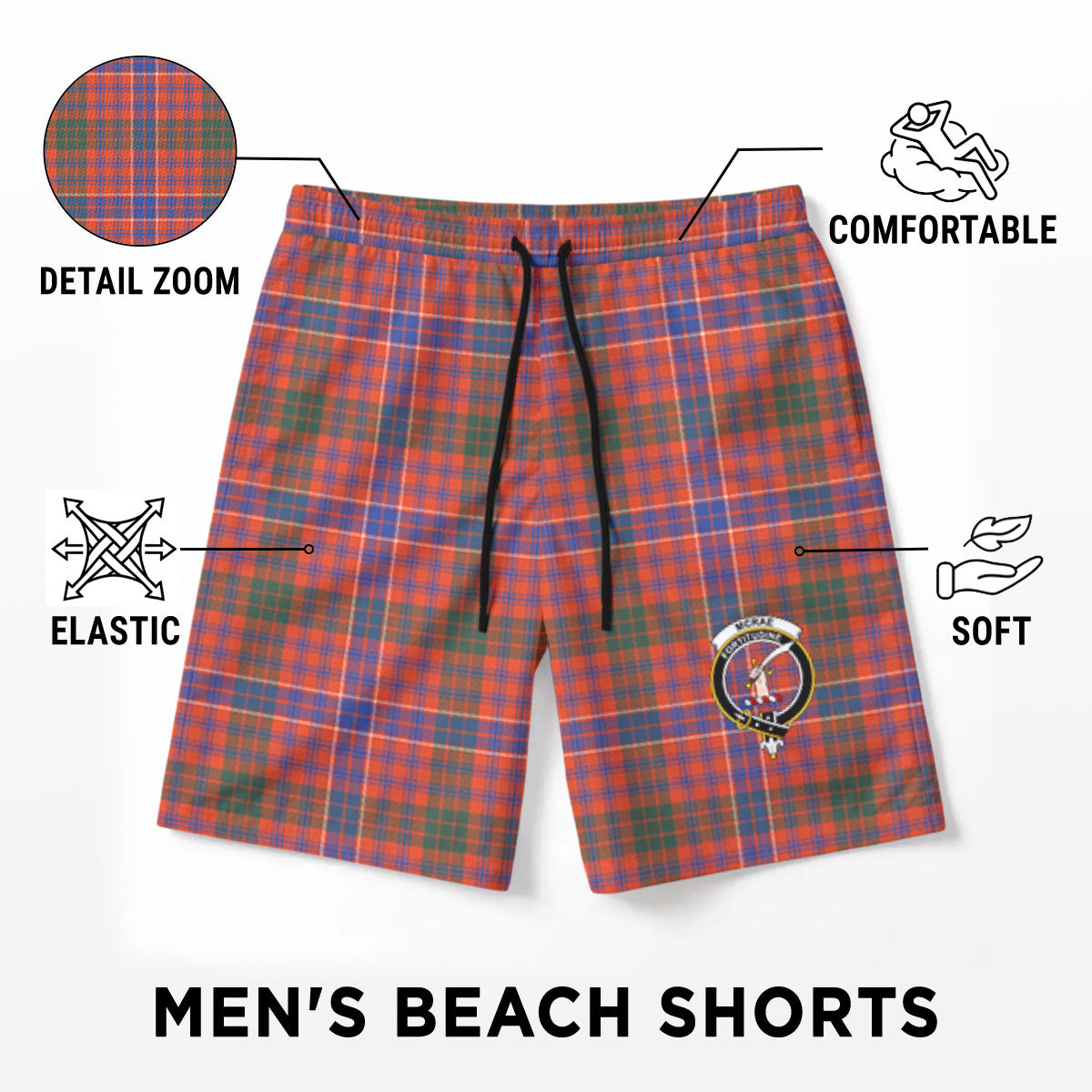 McRae Ancient Tartan Crest Men's Beach Shorts