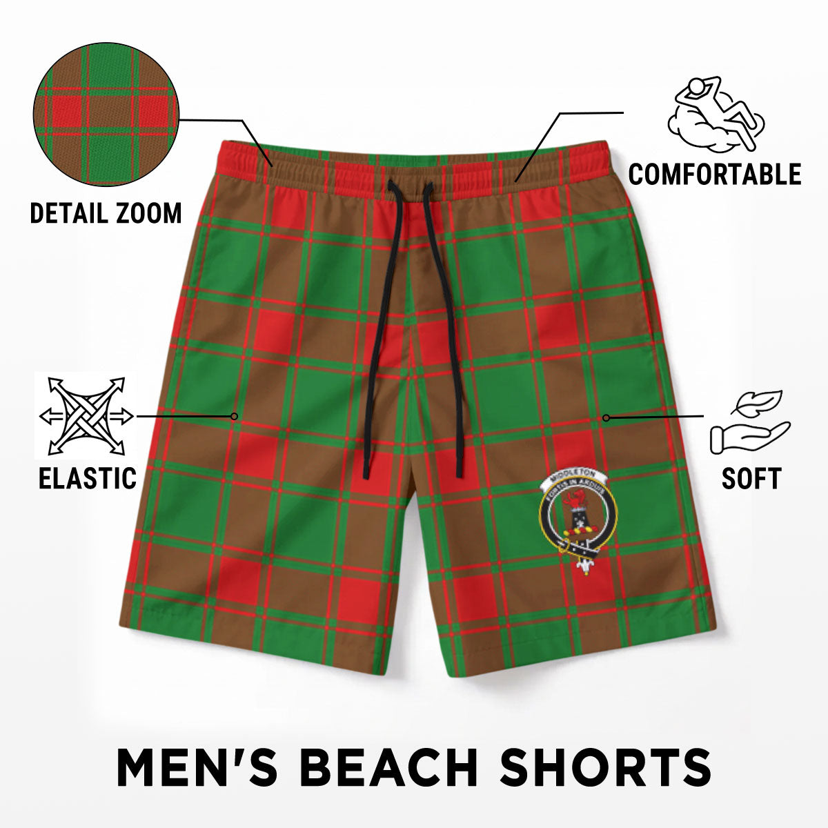 Middleton Modern Tartan Crest Men's Beach Shorts