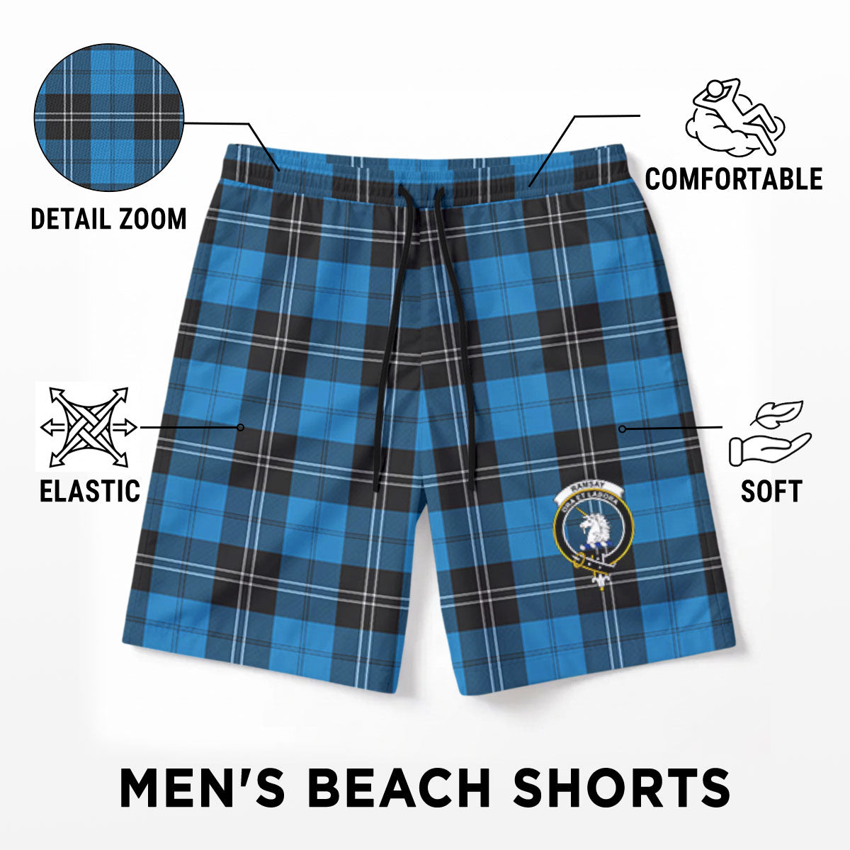 Ramsay Blue Ancient Tartan Crest Men's Beach Shorts