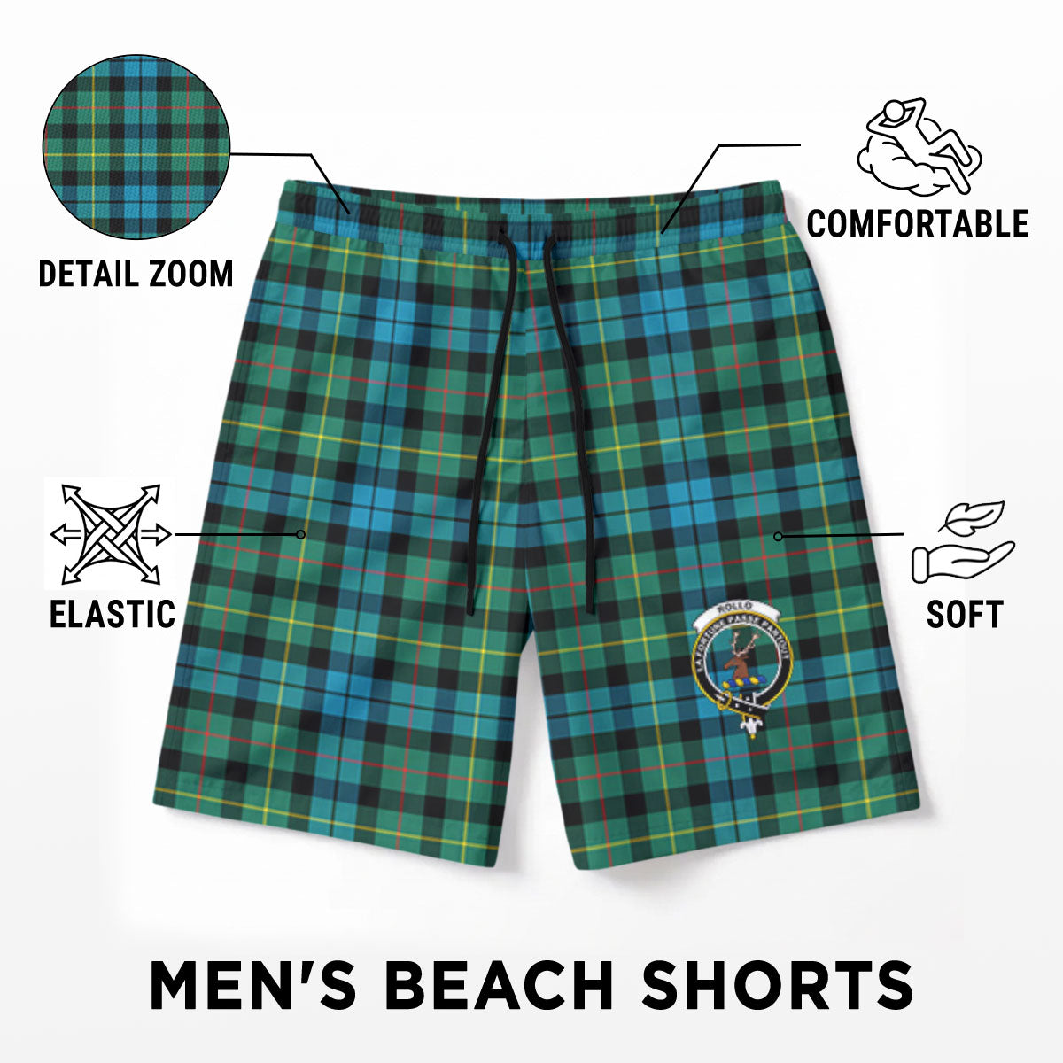 Rollo Ancient Tartan Crest Men's Beach Shorts
