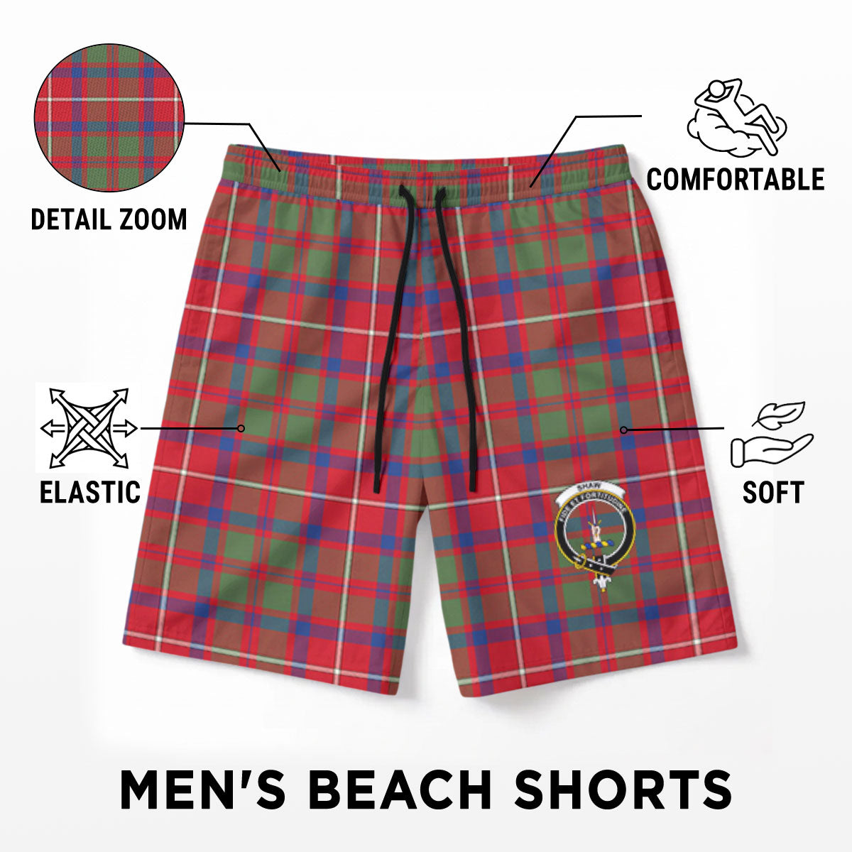 Shaw Red Modern Tartan Crest Men's Beach Shorts