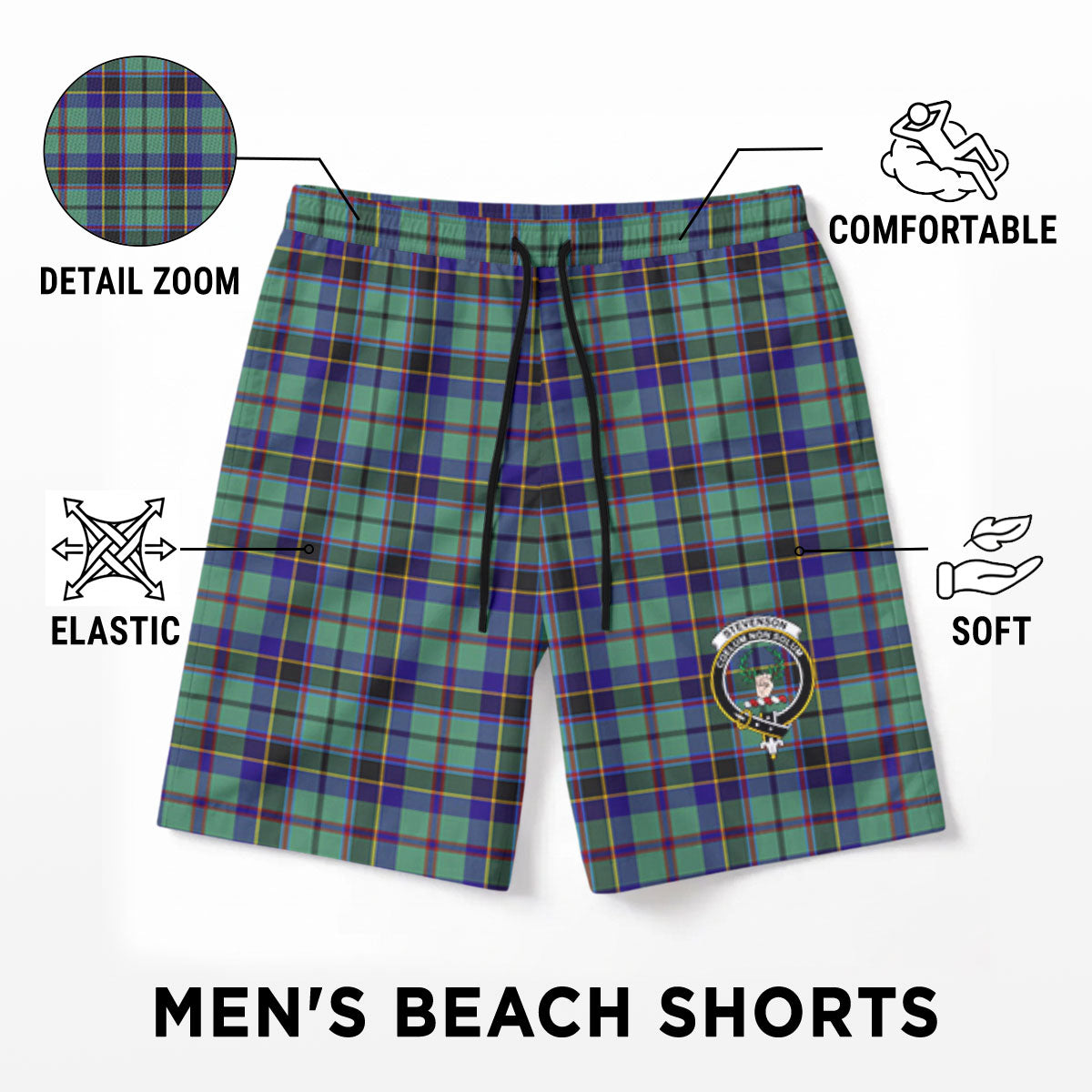 Stevenson Tartan Crest Men's Beach Shorts