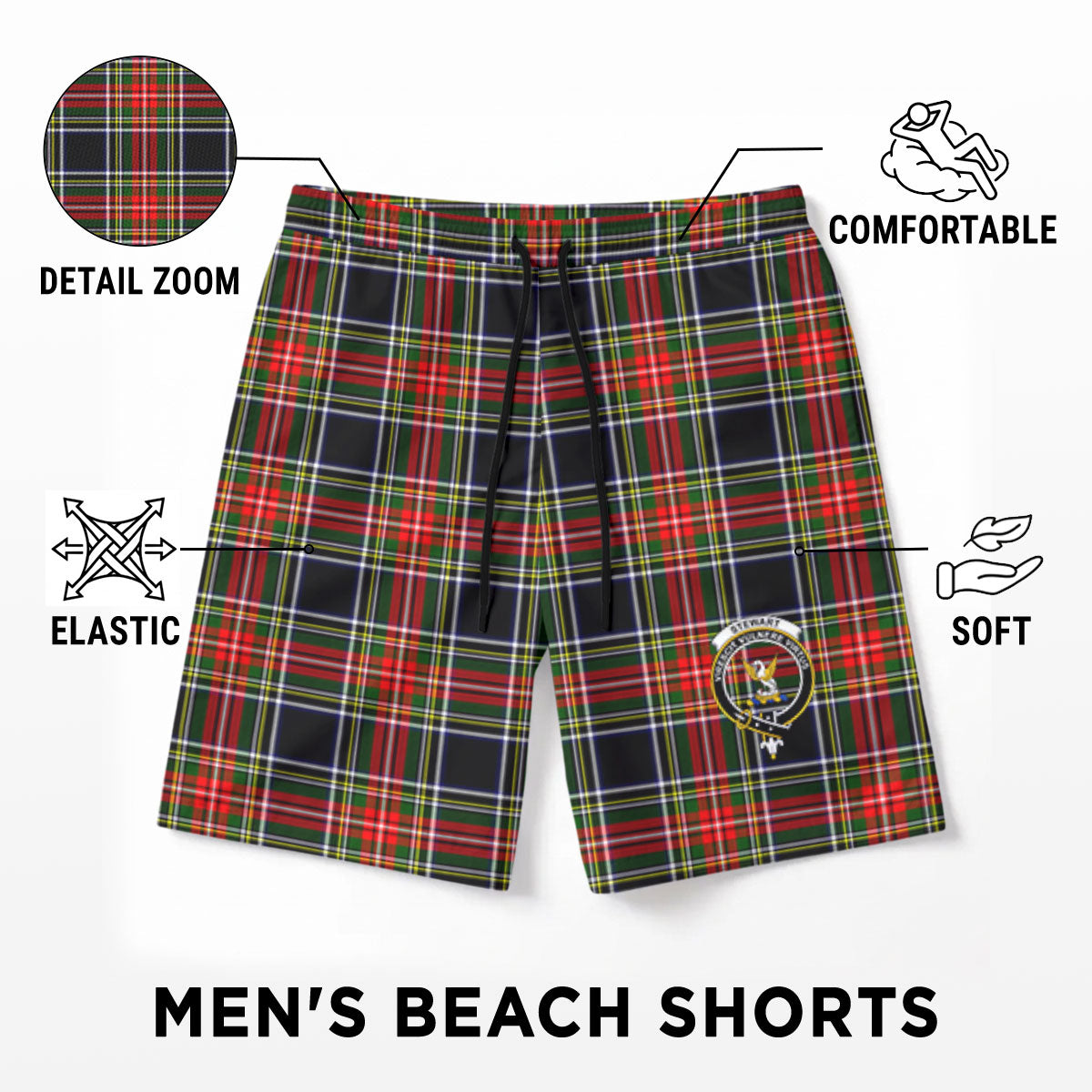 Stewart Black Tartan Crest Men's Beach Shorts