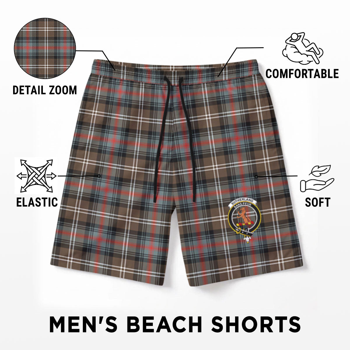 Sutherland Weathered Tartan Crest Men's Beach Shorts
