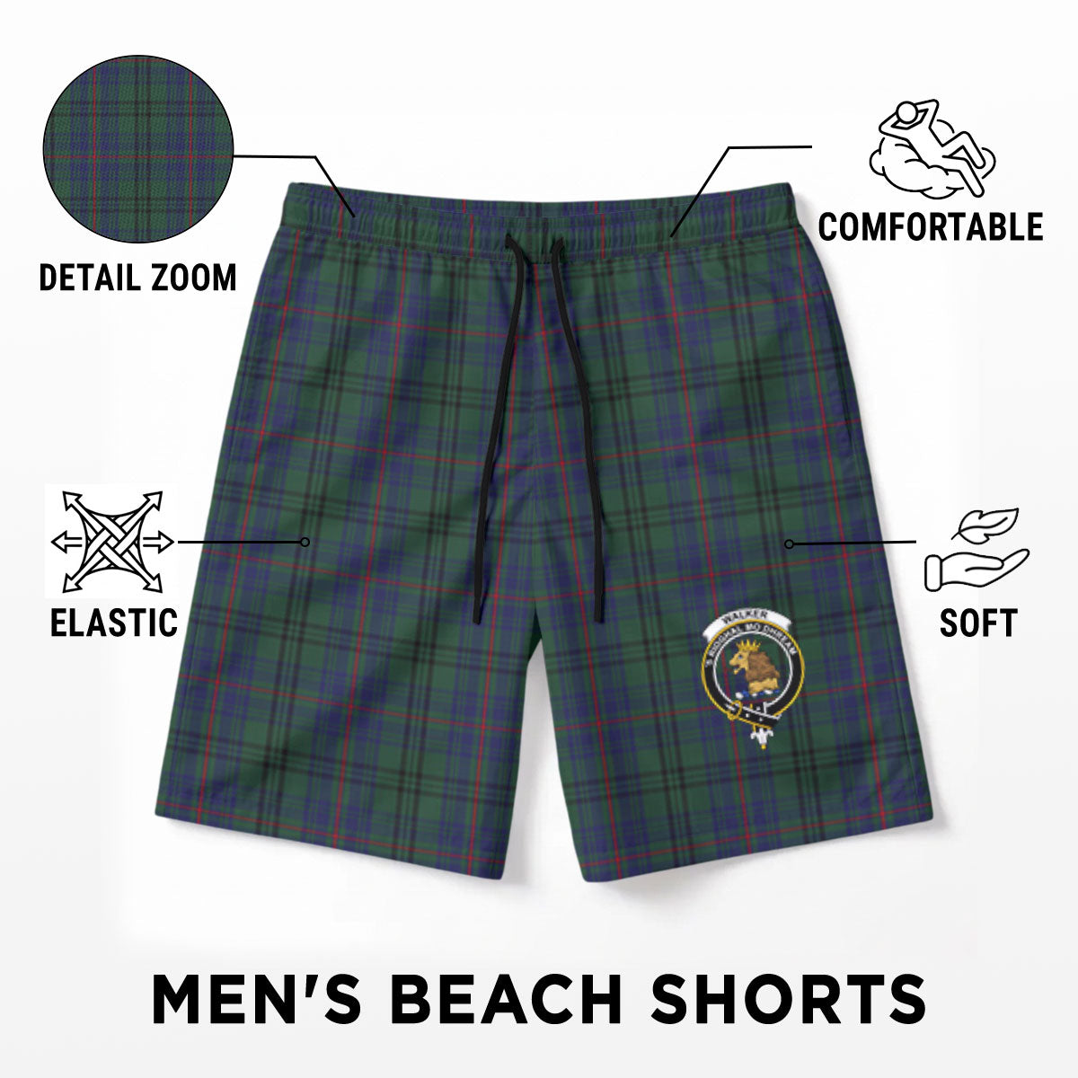 Walker Hunting Tartan Crest Men's Beach Shorts