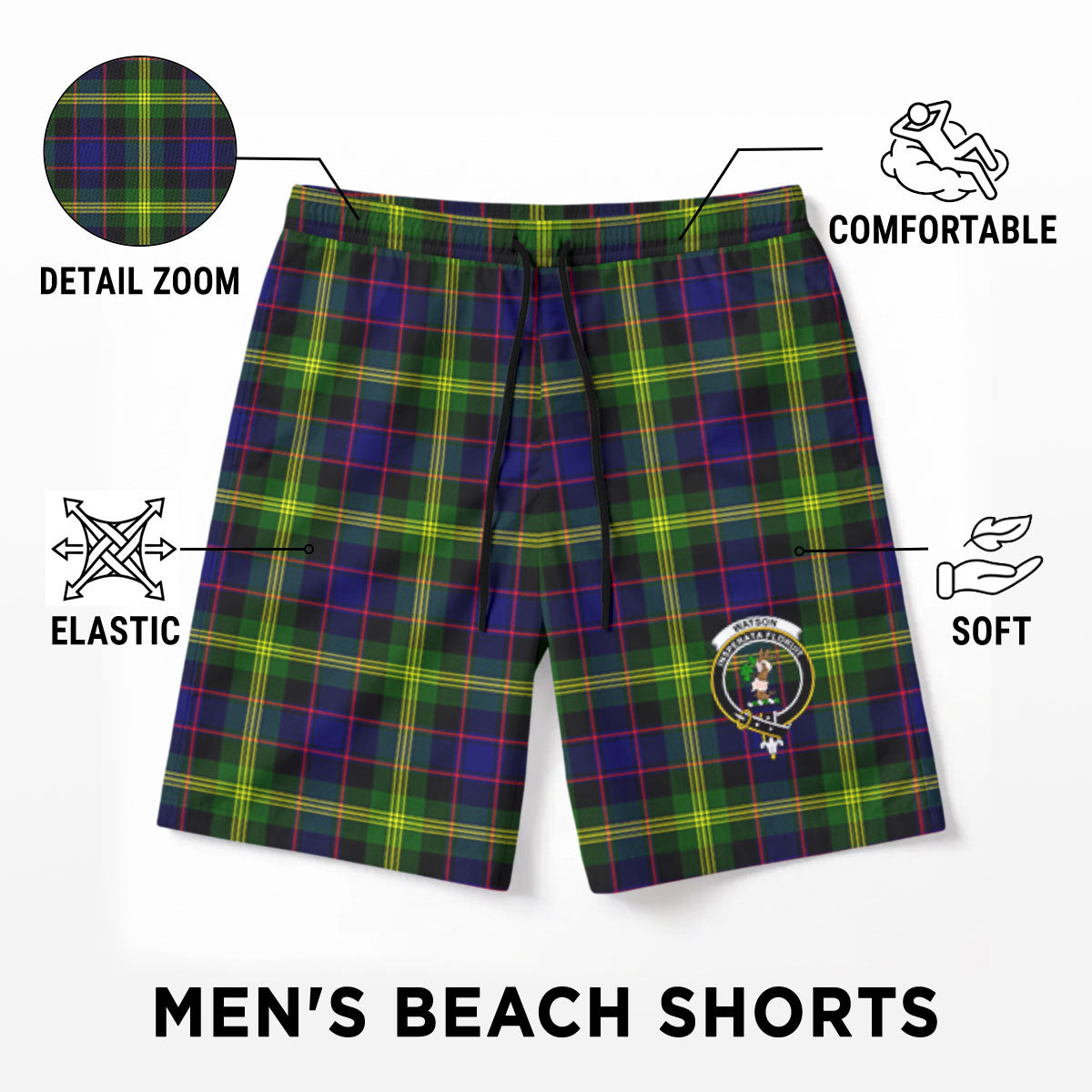 Watson Modern Tartan Crest Men's Beach Shorts