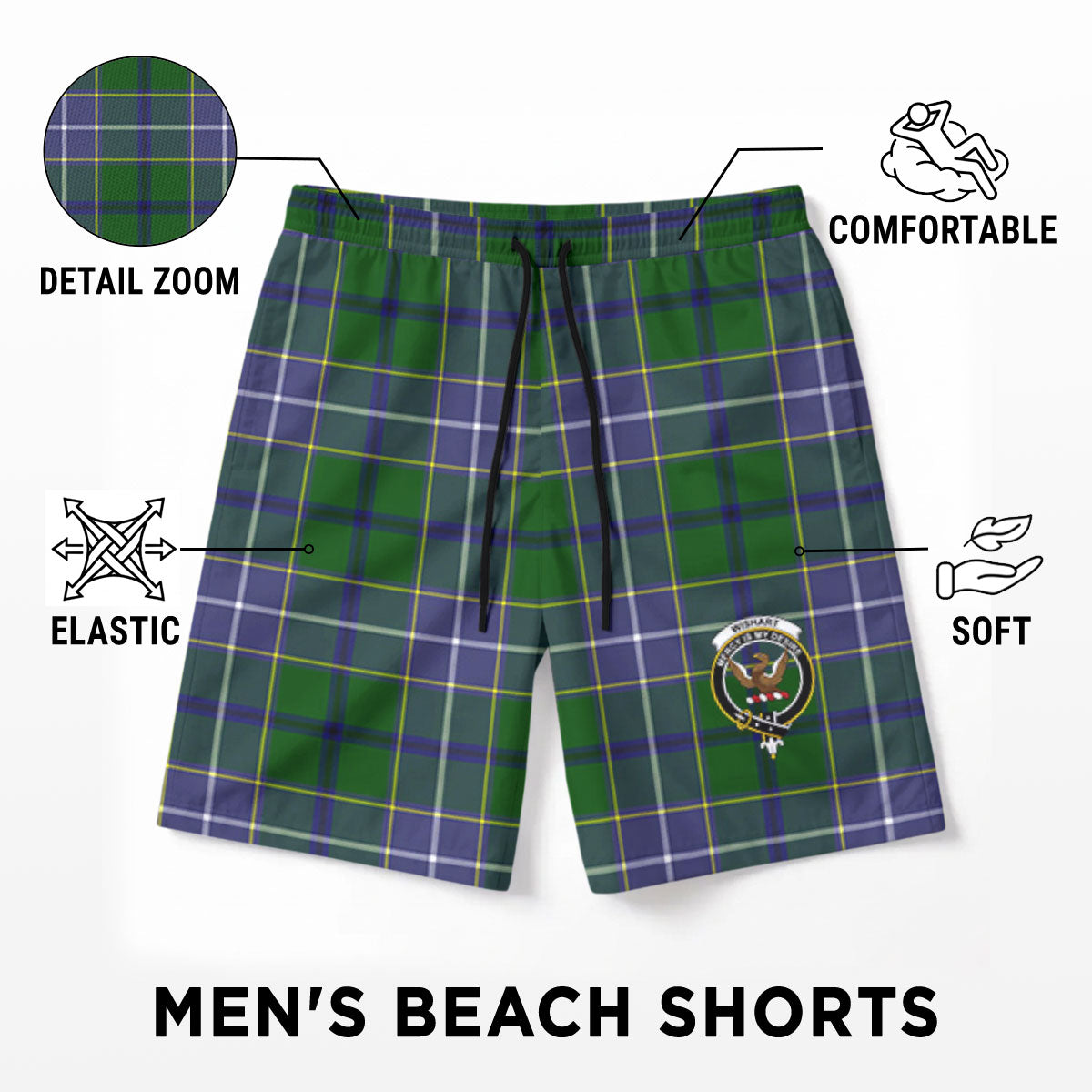 Wishart Hunting Tartan Crest Men's Beach Shorts