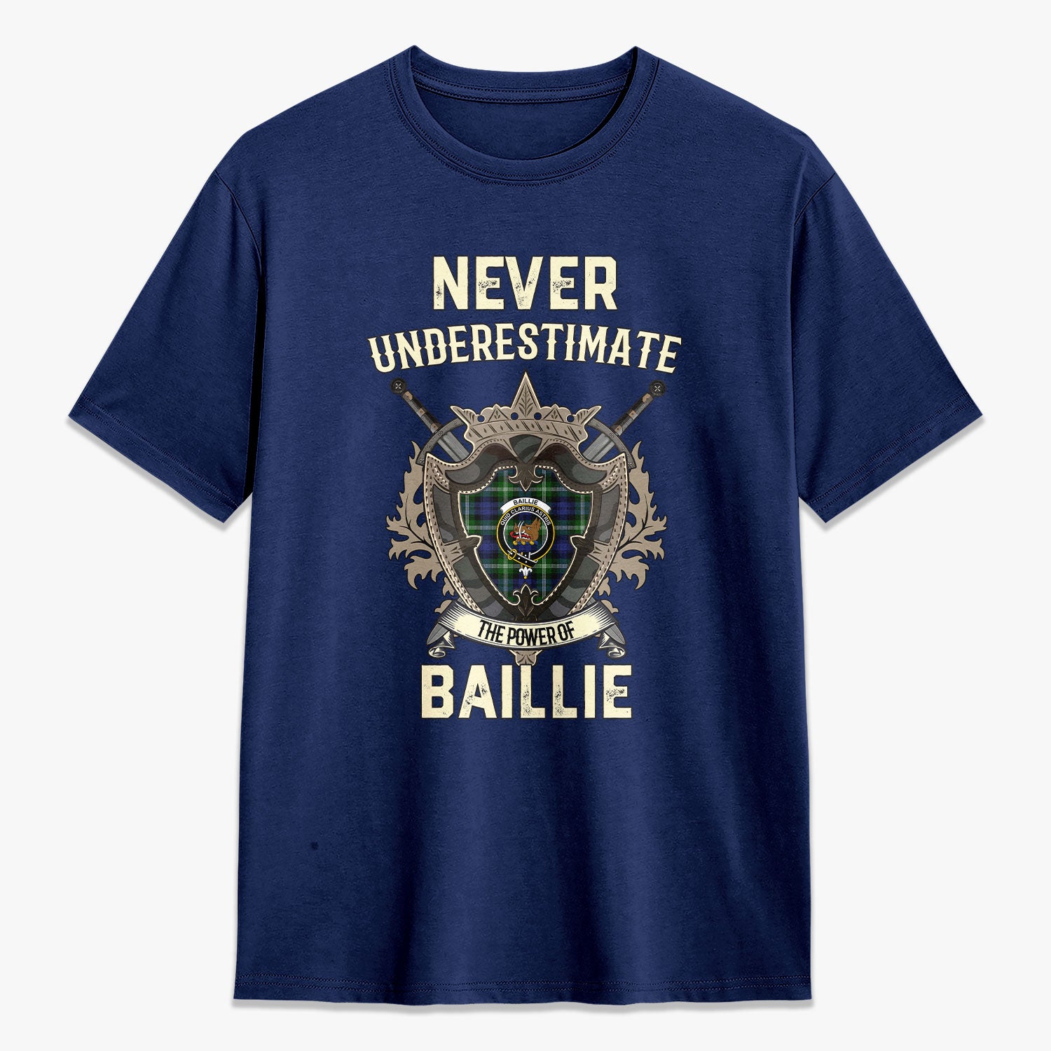 Baillie Modern Tartan Crest 2D T-shirt - Never Underestimate Style