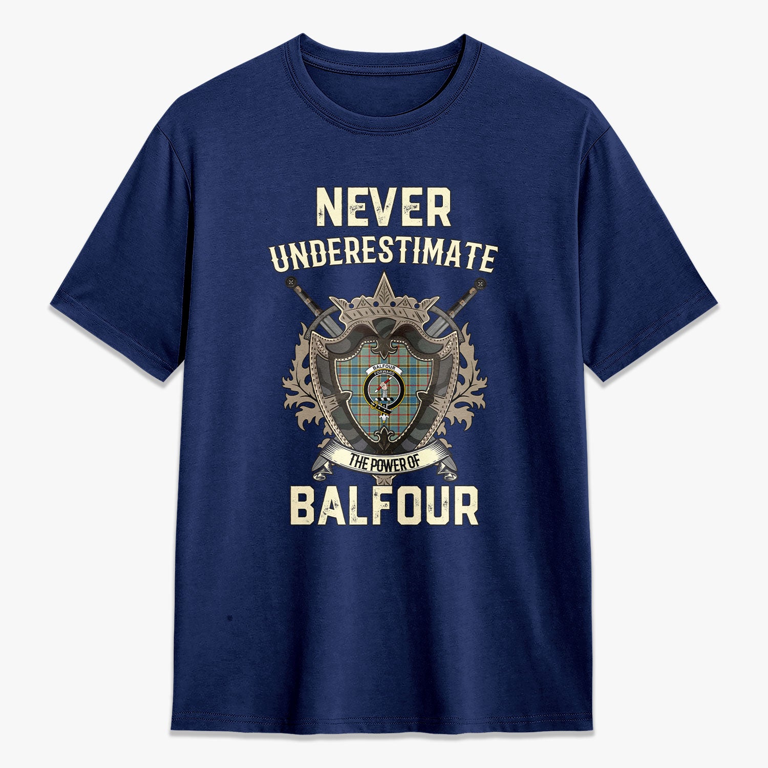 Balfour Blue Tartan Crest 2D T-shirt - Never Underestimate Style