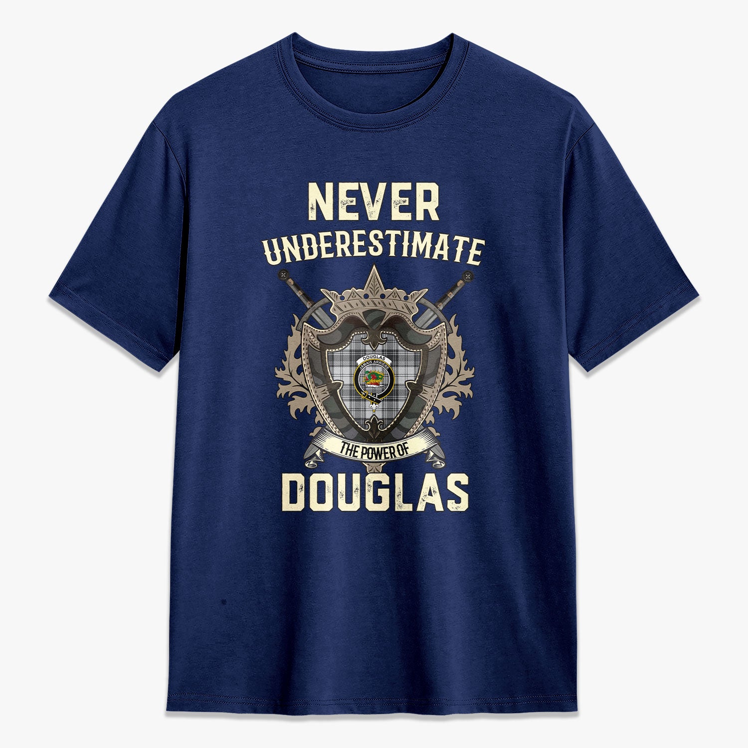 Douglas Grey Modern Tartan Crest 2D T-shirt - Never Underestimate Style