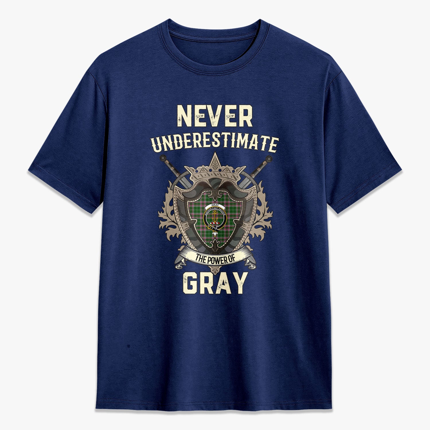 Gray Hunting Tartan Crest 2D T-shirt - Never Underestimate Style