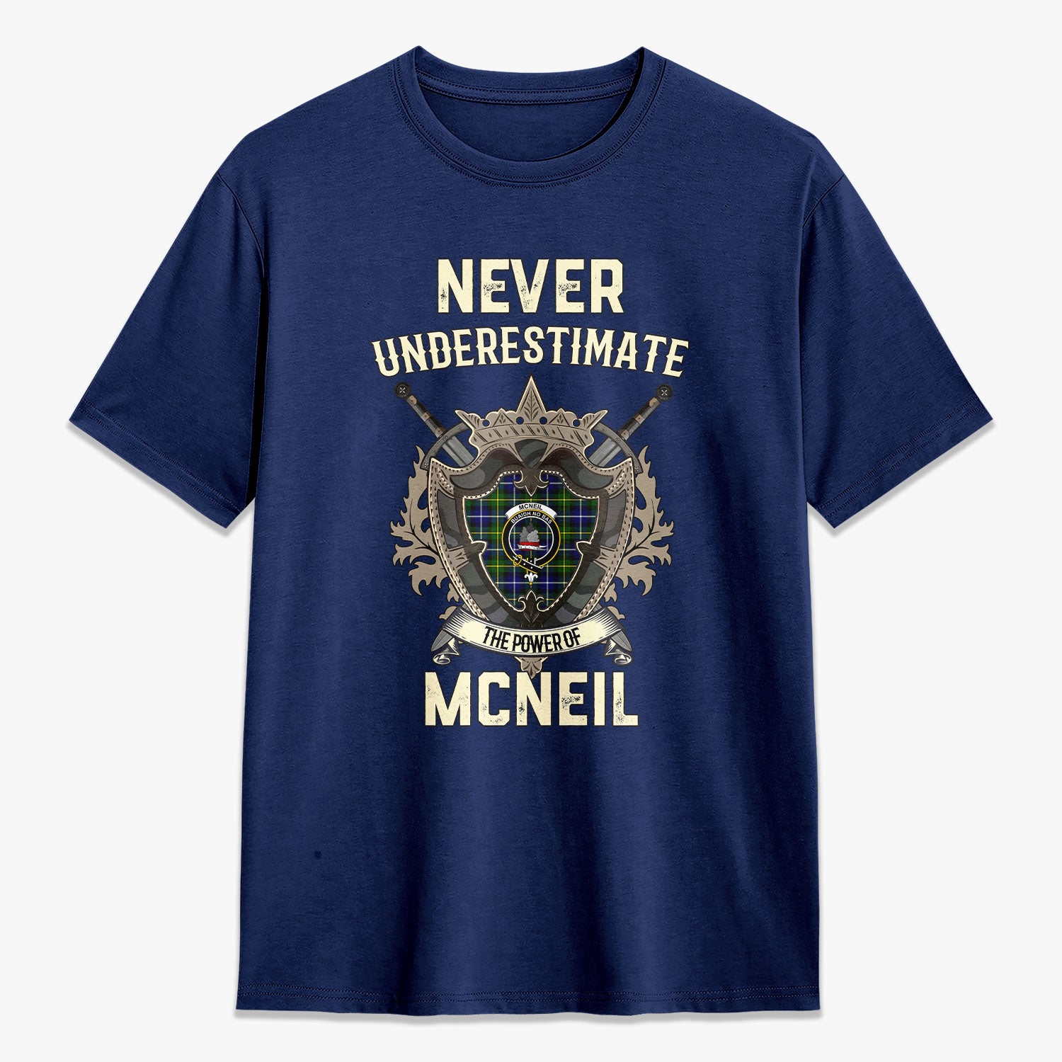 McNeil of Barra Modern Tartan Crest 2D T-shirt - Never Underestimate Style