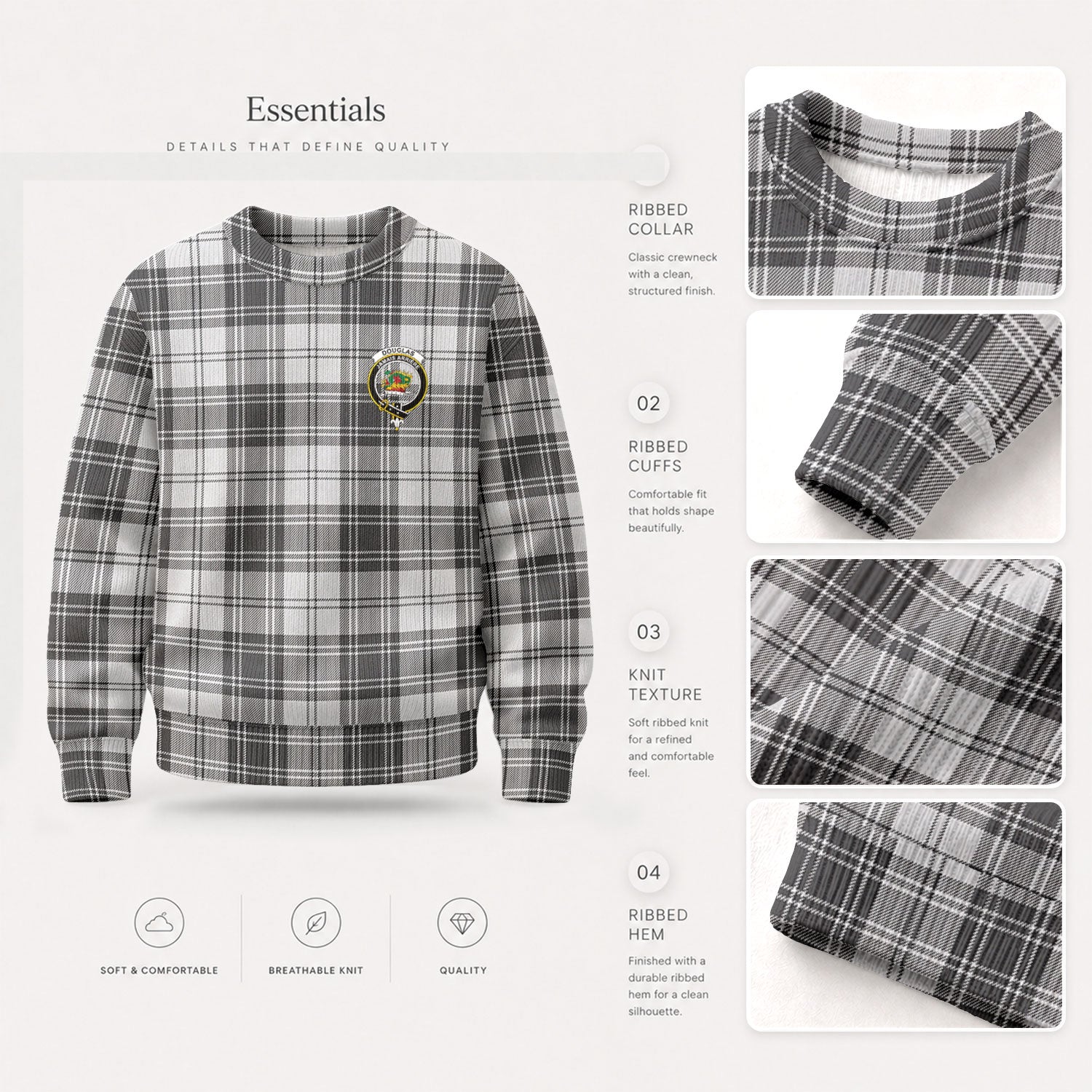 Douglas Grey Modern Tartan Crest Sweater
