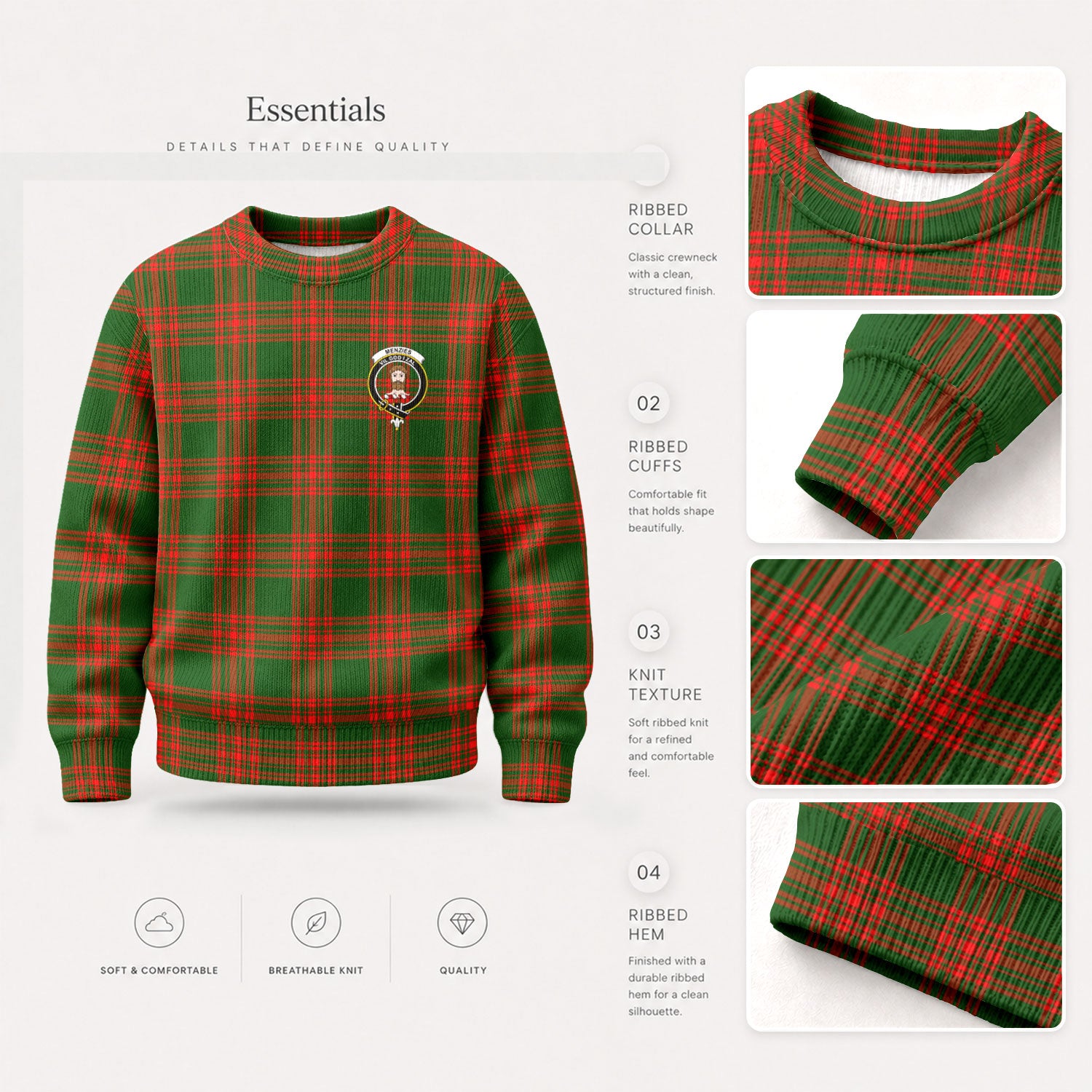 Menzies Green Modern Tartan Crest Sweater