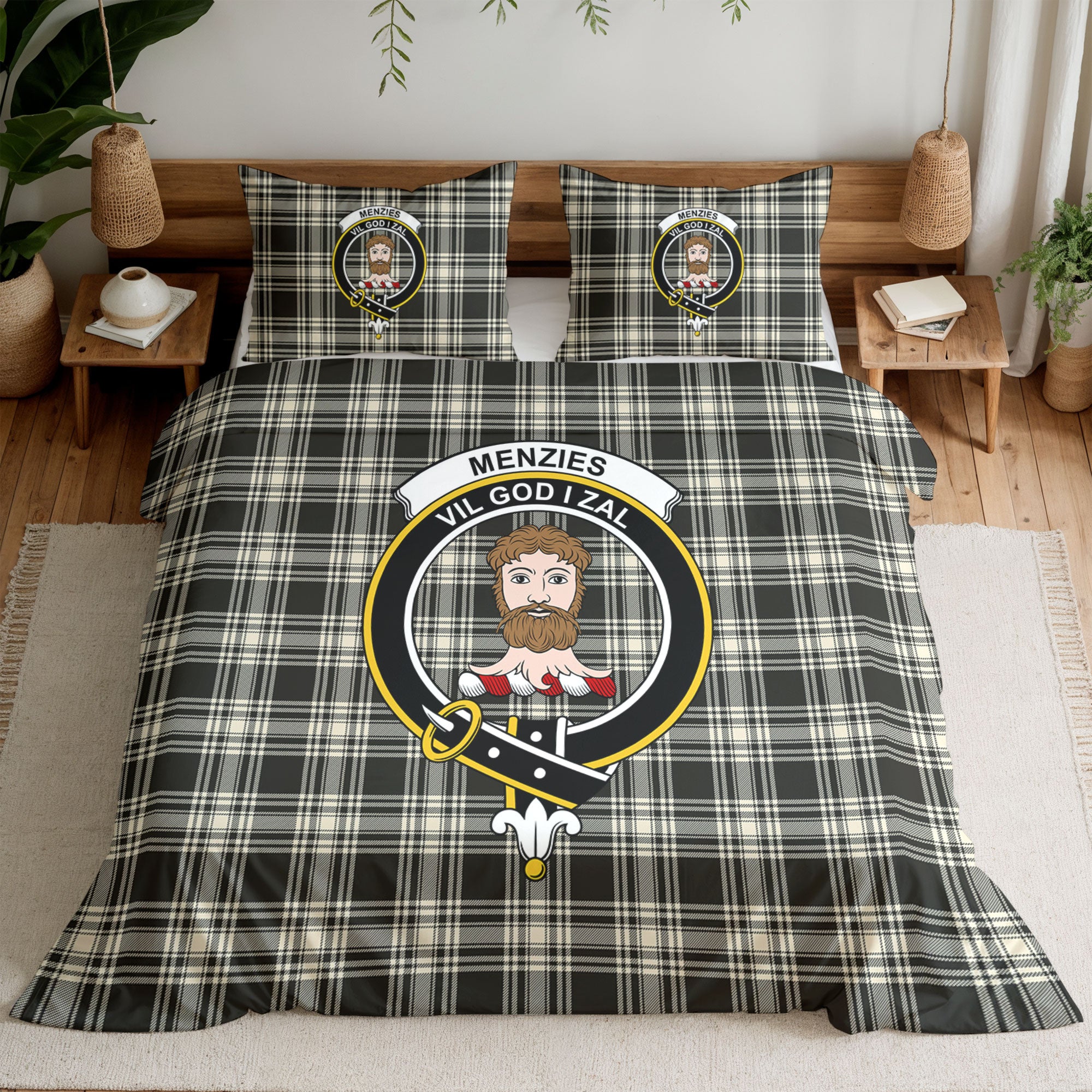 Menzies Black - White Ancient Tartan Crest Bedding Set
