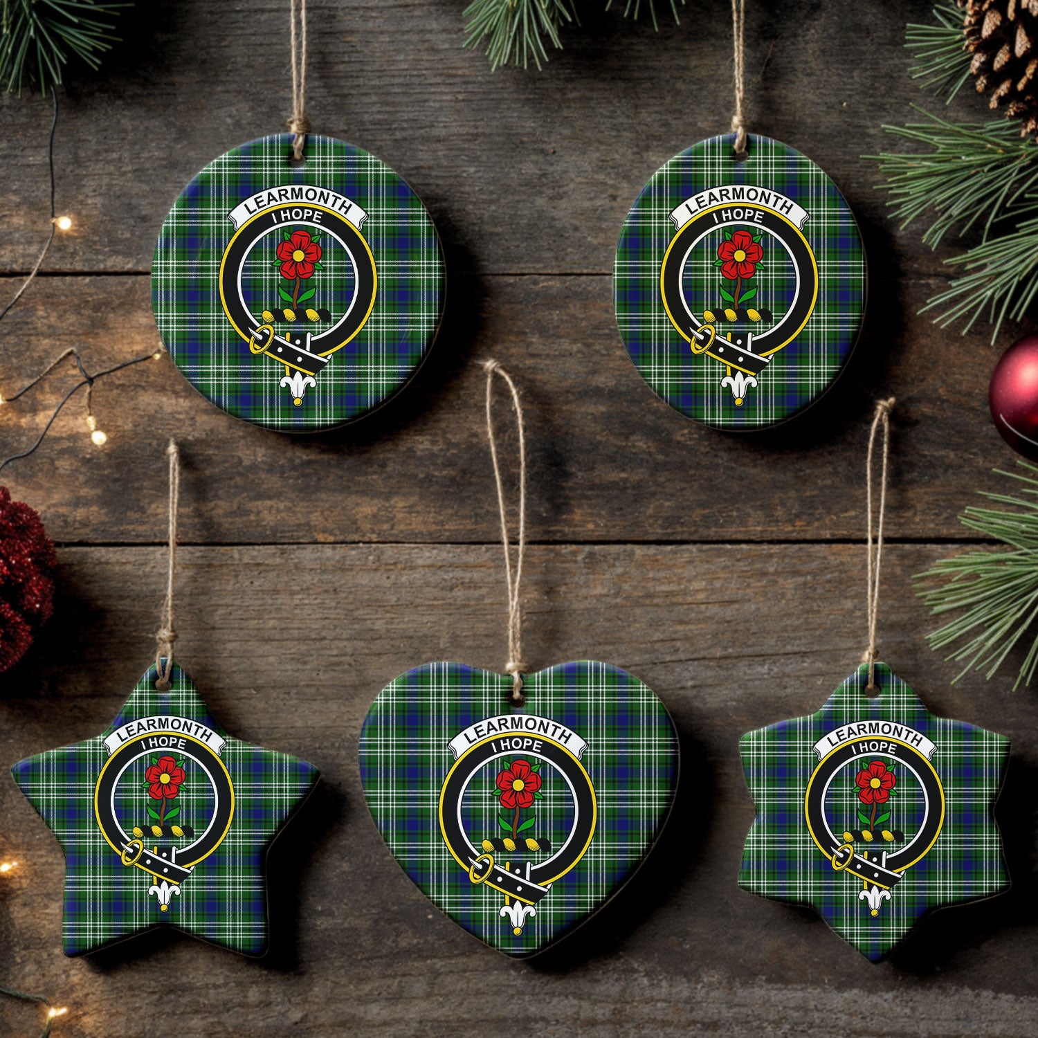Learmonth Tartan Crest Christmas Ceramic Ornament