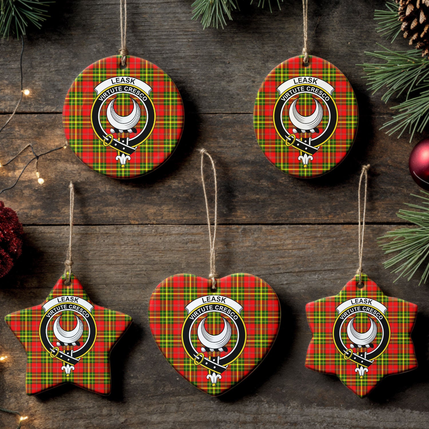 Leask Tartan Crest Christmas Ceramic Ornament