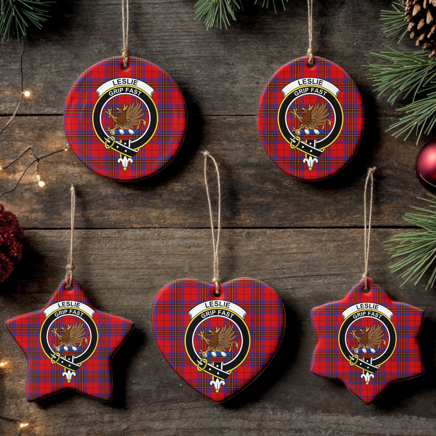 Leslie Modern Tartan Crest Christmas Ceramic Ornament
