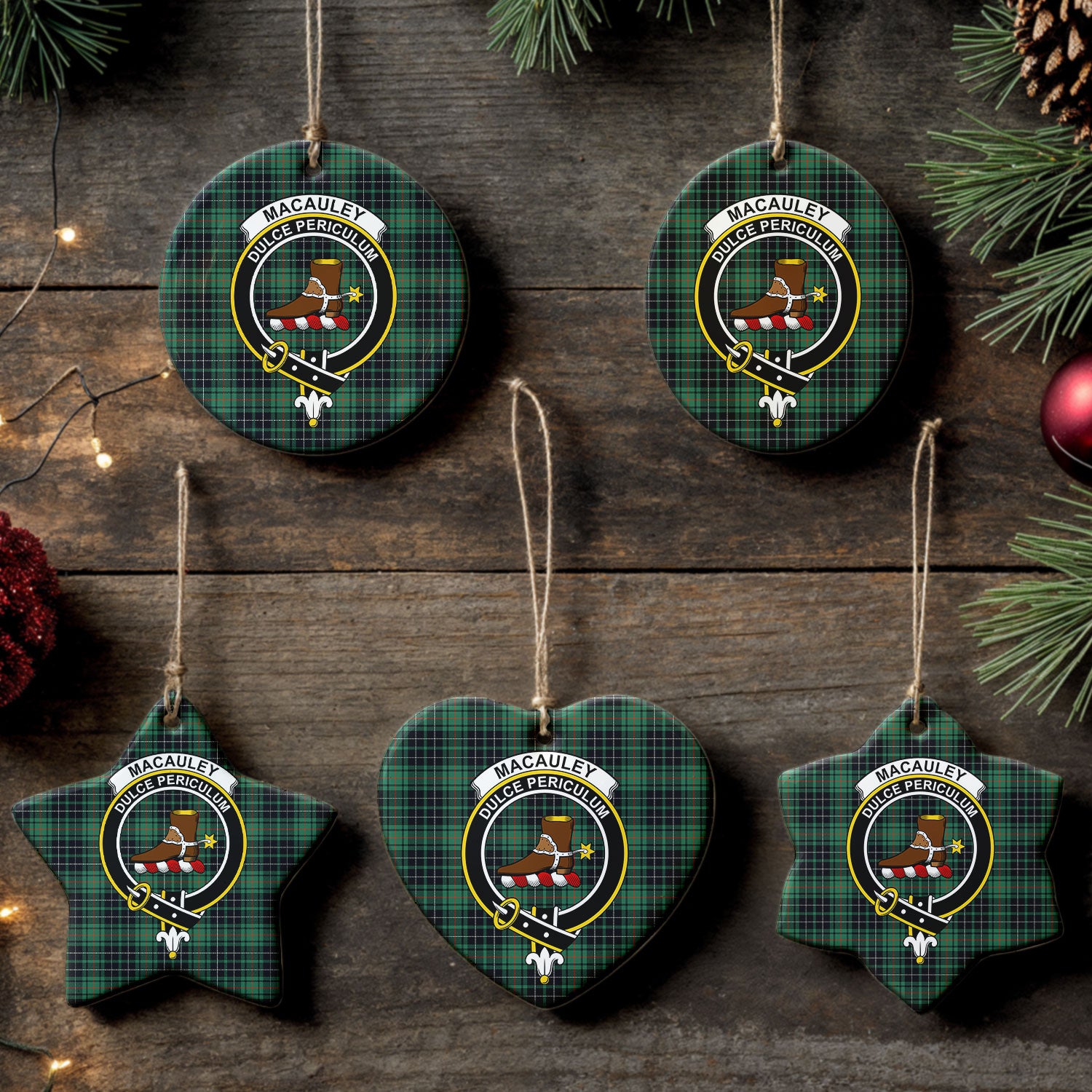 MacAuley Hunting Ancient Tartan Crest Christmas Ceramic Ornament